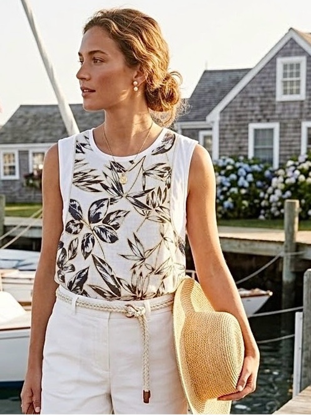 J.CREW Linen Cotton Foil Tropical Leaf Sleeveless Top Gold White Medium